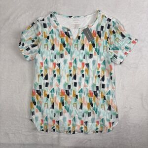 NWT Van Heusen Front Panel Slit Neck Short Sleeve Multicolored Blouse Women's XS